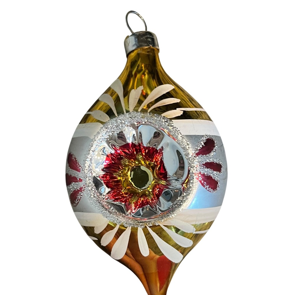 Vintage Mercury Glass Christmas Ornament Indent Reflector Teardrop Gold Red 5"
